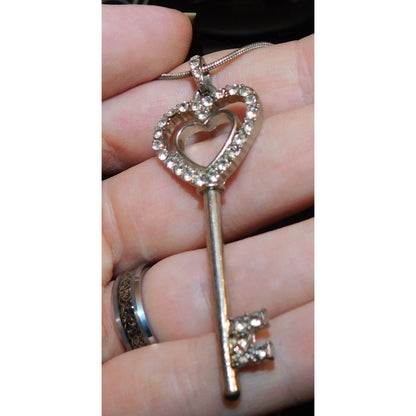 Whimsical Heart Key Necklace Silver Tone With Rhinestones