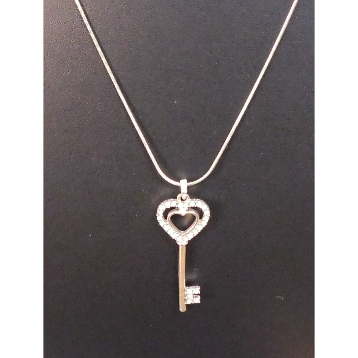 Whimsical Heart Key Necklace Silver Tone With Rhinestones