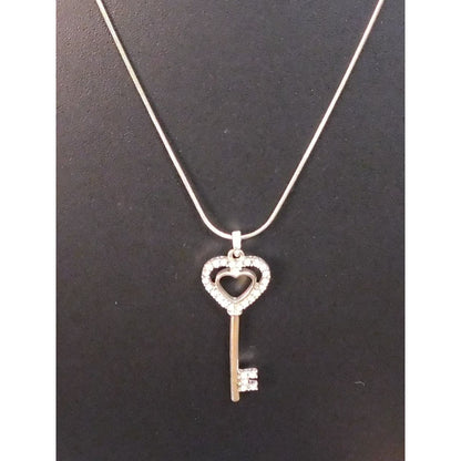 Whimsical Heart Key Necklace Silver Tone With Rhinestones