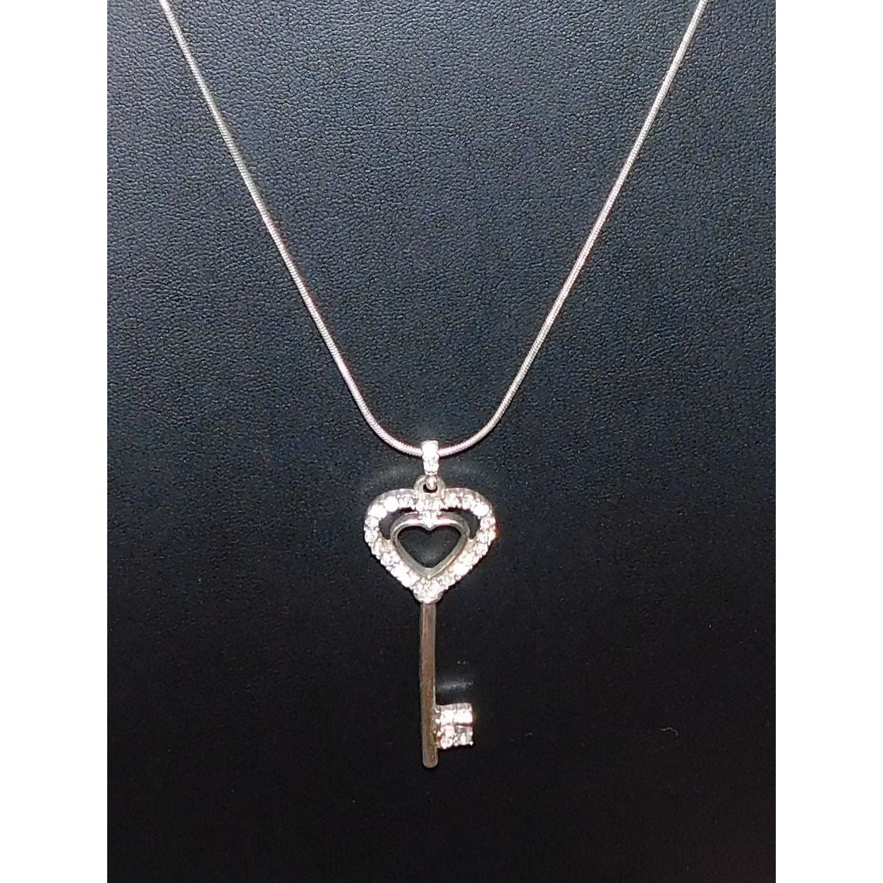 Whimsical Heart Key Necklace Silver Tone With Rhinestones