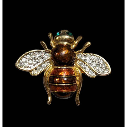 Vintage Gold Tone Rhinestone Enamel Bee Brooch