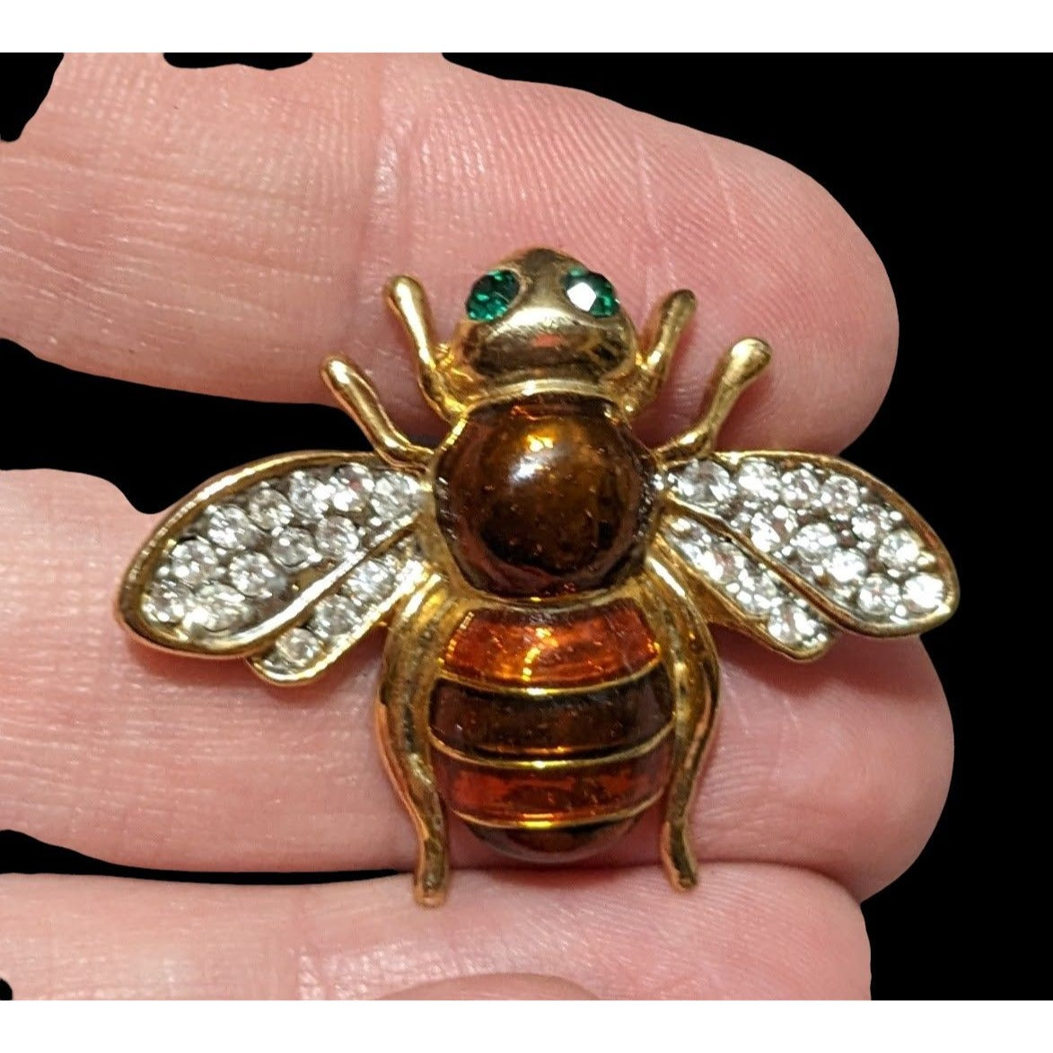 Vintage Gold Tone Rhinestone Enamel Bee Brooch