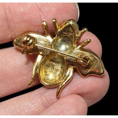 Vintage Gold Tone Rhinestone Enamel Bee Brooch