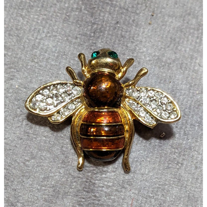 Vintage Gold Tone Rhinestone Enamel Bee Brooch