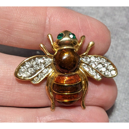 Vintage Gold Tone Rhinestone Enamel Bee Brooch