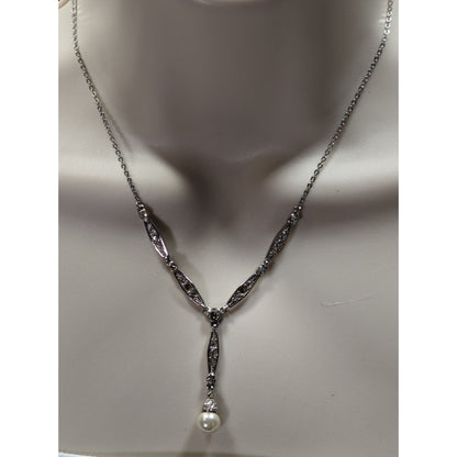 Elegant Y Necklace Silver-Tone Necklace With Crystal Accents & Faux Pearl Drop