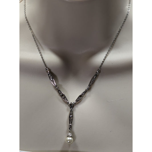 Elegant Y Necklace Silver-Tone Necklace With Crystal Accents & Faux Pearl Drop