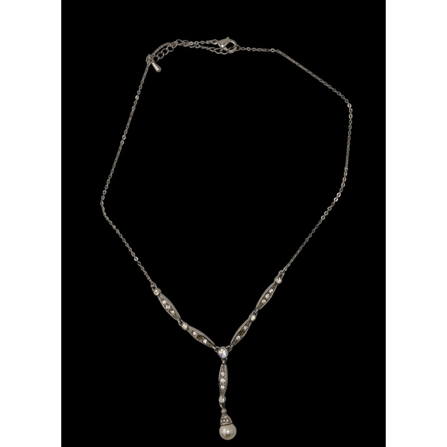 Elegant Y Necklace Silver-Tone Necklace With Crystal Accents & Faux Pearl Drop