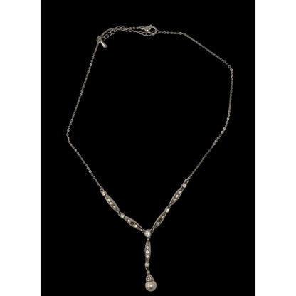 Elegant Y Necklace Silver-Tone Necklace With Crystal Accents & Faux Pearl Drop