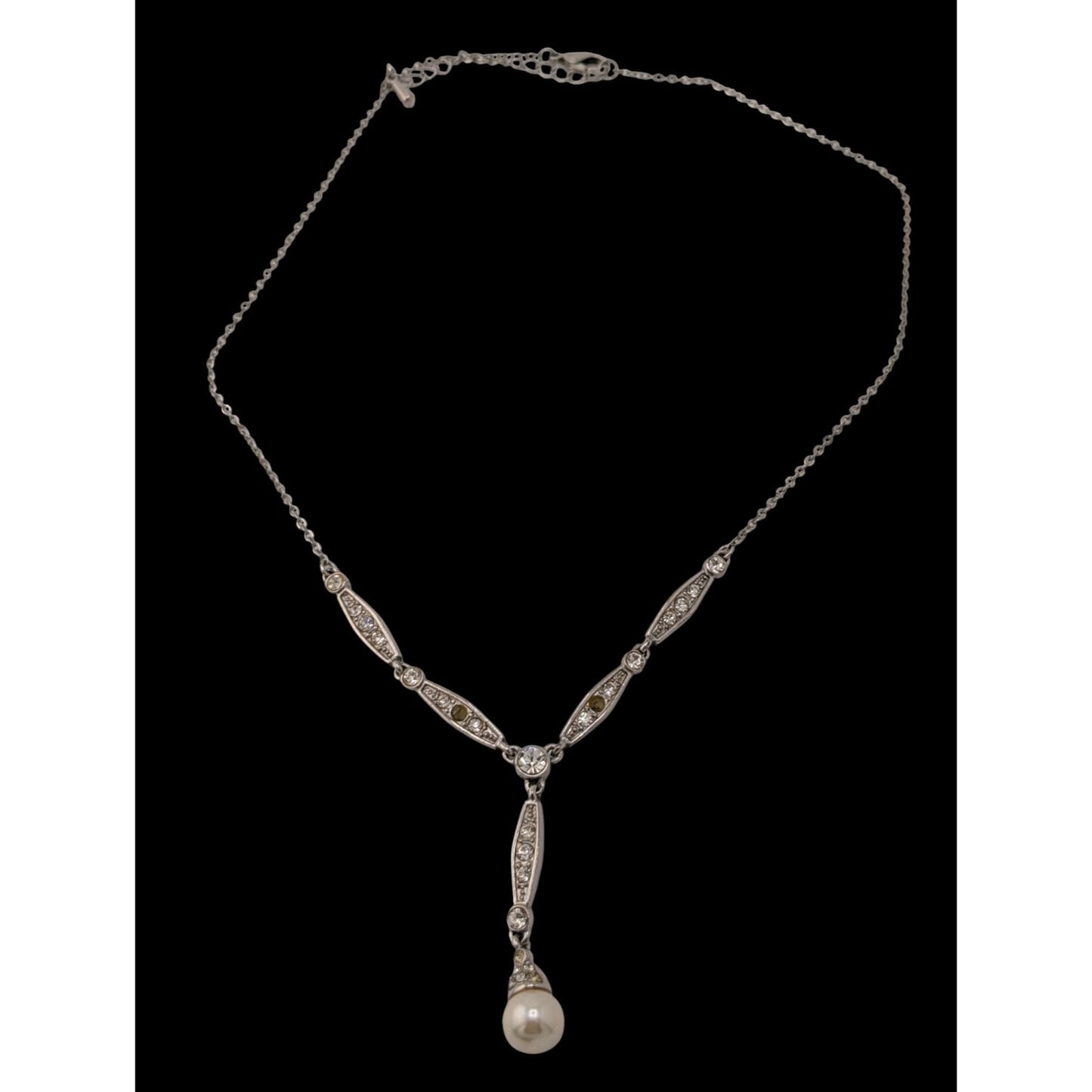 Elegant Y Necklace Silver-Tone Necklace With Crystal Accents & Faux Pearl Drop