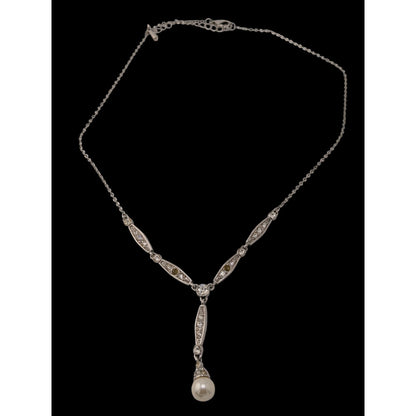 Elegant Y Necklace Silver-Tone Necklace With Crystal Accents & Faux Pearl Drop