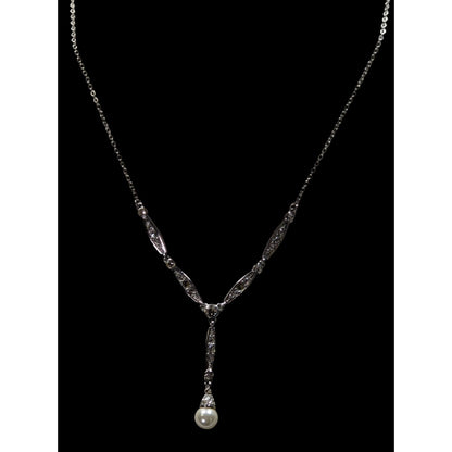 Elegant Y Necklace Silver-Tone Necklace With Crystal Accents & Faux Pearl Drop