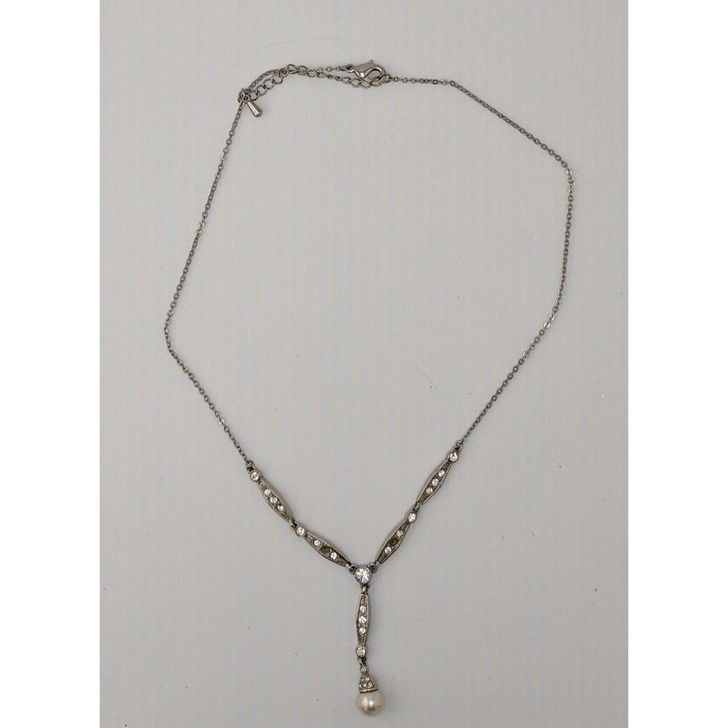 Elegant Y Necklace Silver-Tone Necklace With Crystal Accents & Faux Pearl Drop