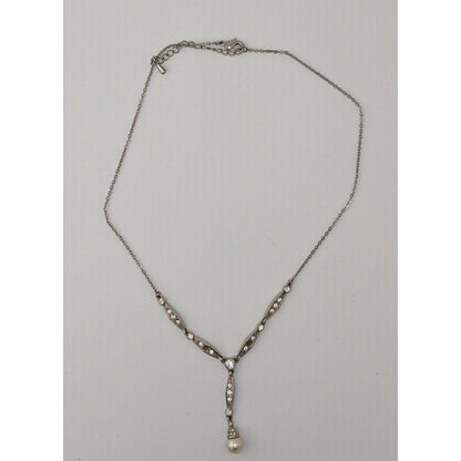 Elegant Y Necklace Silver-Tone Necklace With Crystal Accents & Faux Pearl Drop