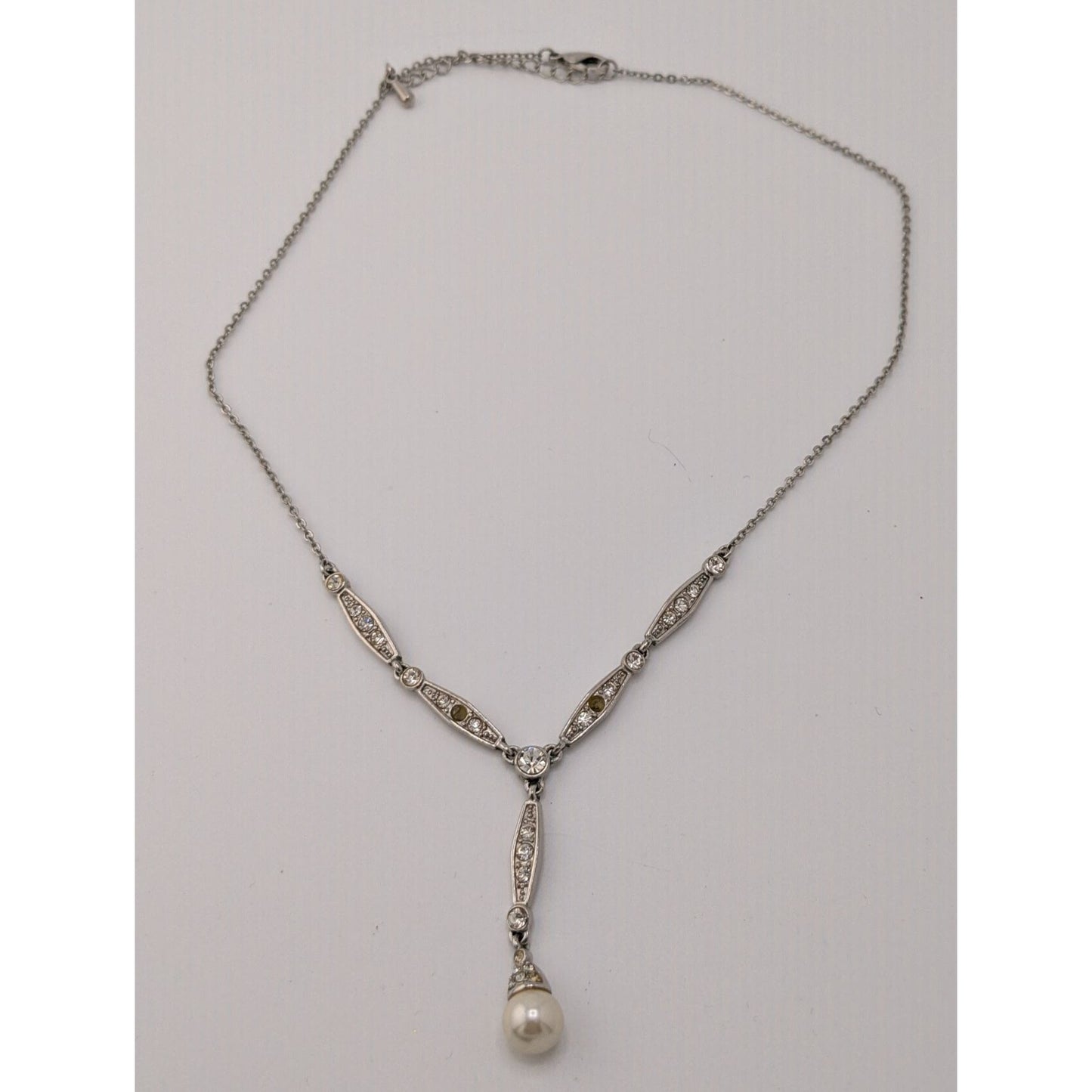 Elegant Y Necklace Silver-Tone Necklace With Crystal Accents & Faux Pearl Drop