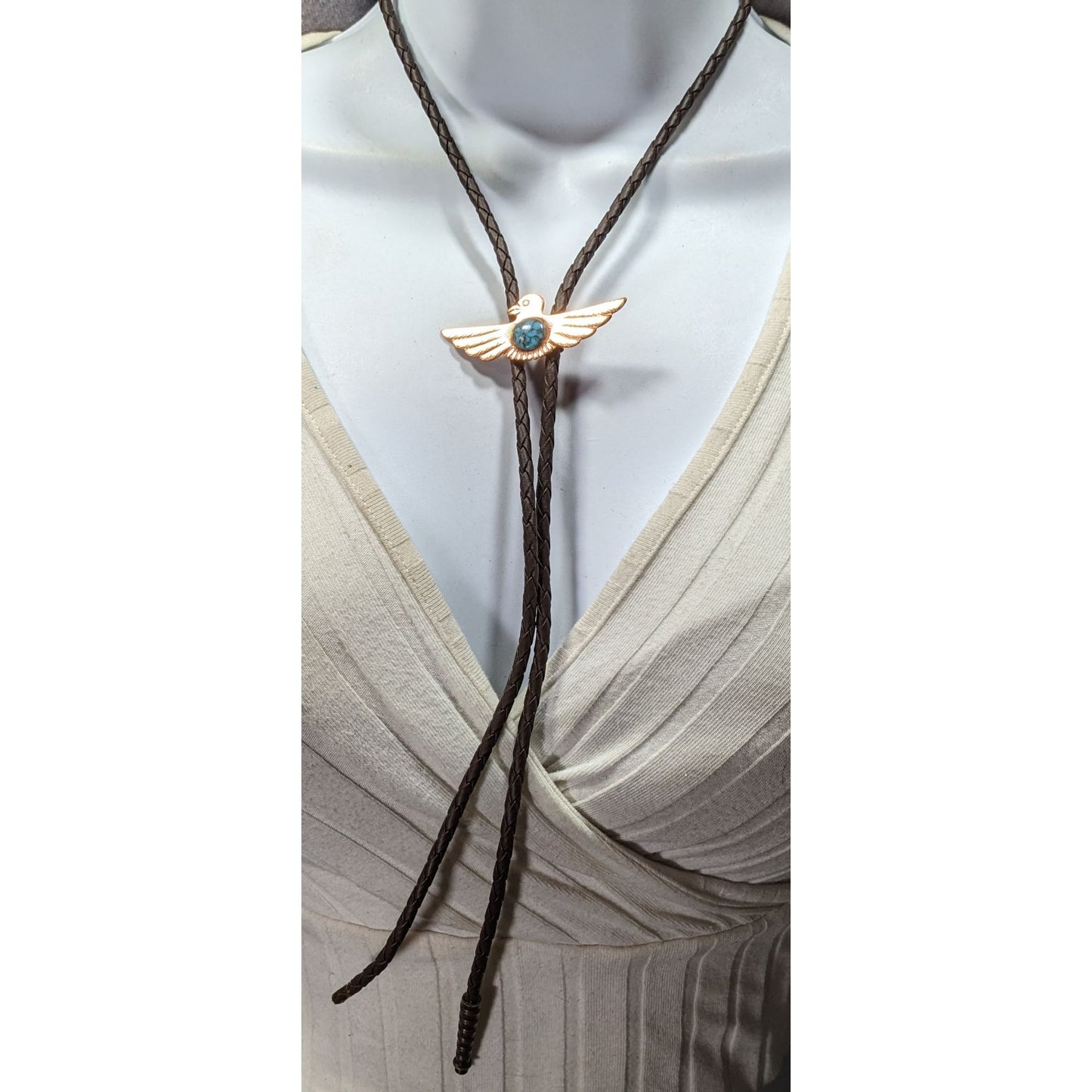 Vintage Copper Bird Bolo Tie With Turquoise Cabochon