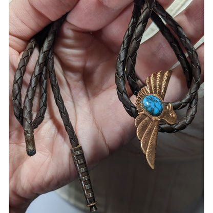 Vintage Copper Bird Bolo Tie With Turquoise Cabochon