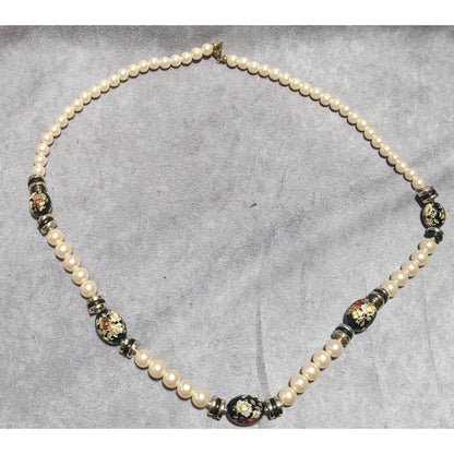 Vintage Cream And Black Pearl Floral Necklace