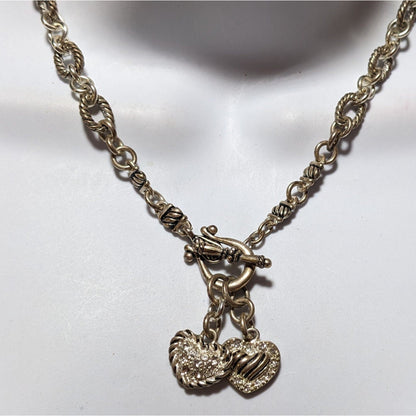 Silver Dual Heart Rhinestone Charm Necklace