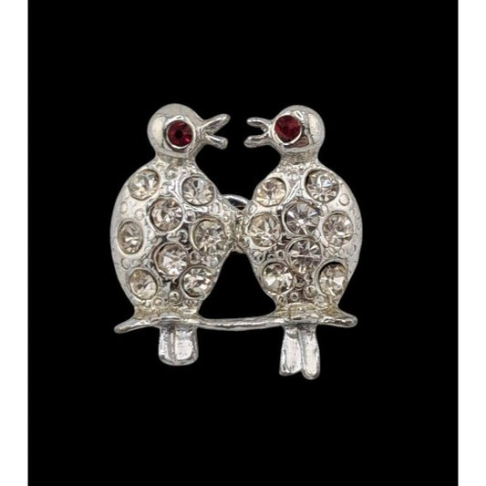 Vintaged Gemmed Bird Brooch Silver Tone With Red Eyes