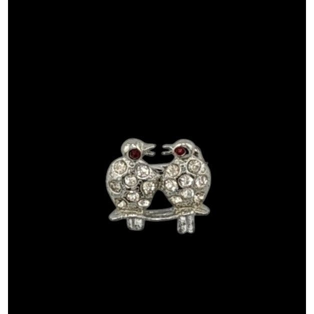 Vintaged Gemmed Bird Brooch Silver Tone With Red Eyes