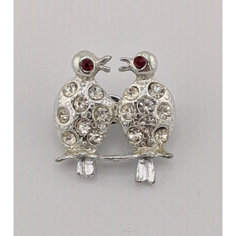 Vintaged Gemmed Bird Brooch Silver Tone With Red Eyes