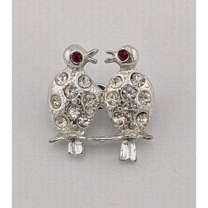 Vintaged Gemmed Bird Brooch Silver Tone With Red Eyes