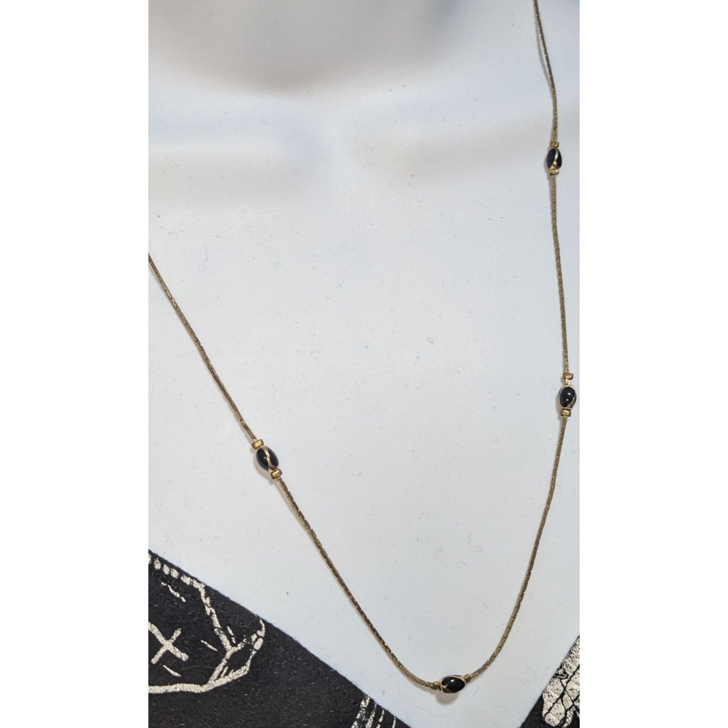 Vintage Beaded Station Necklace Black Gold Minimalist Elegant Jewelry