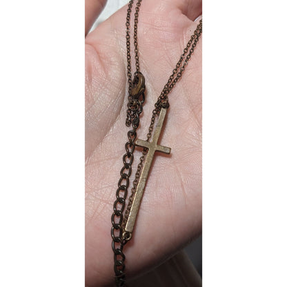 Antiqued Gold Sideways Cross Pendant Necklace