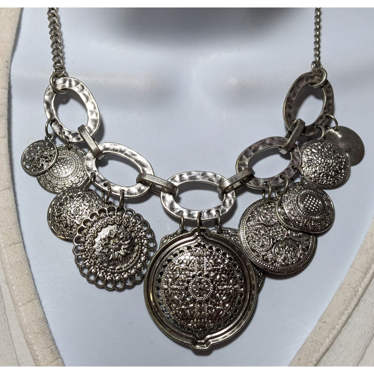 Silver Floral Medallion Embossed Charm Necklace