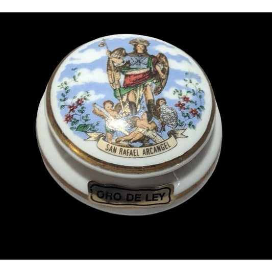 Vintage San Rafael Archangel Oro De Ley Souvenir Trinket Box
