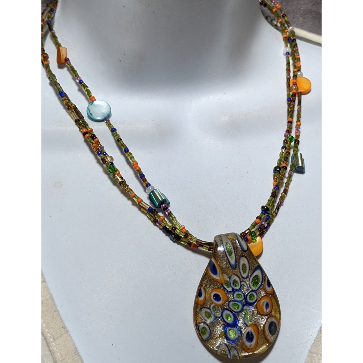 Retro Rainbow Glass Beaded Pendant Necklace