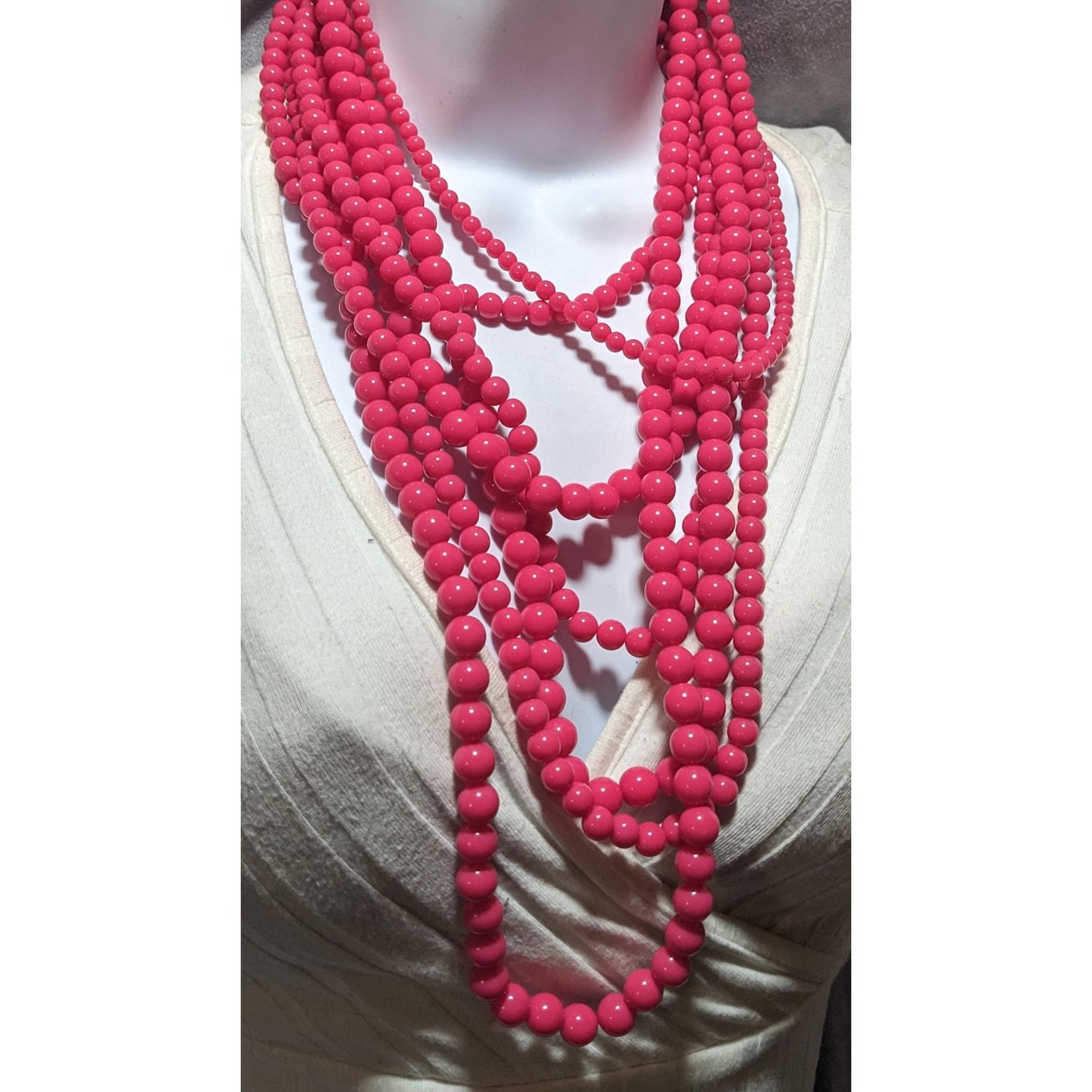 Multi-Strand Pink Beaded Necklace With Gold Clasp