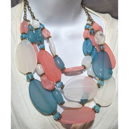 Chunky Pink Blue And White Statement Necklace