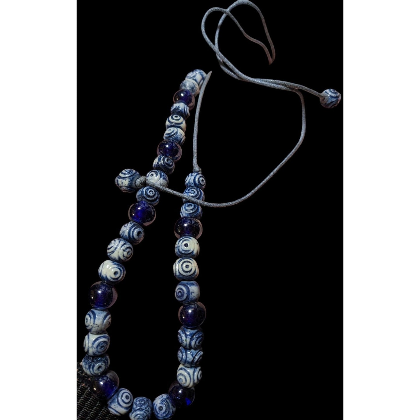 Retro Blue And White Beaded Cord Necklace