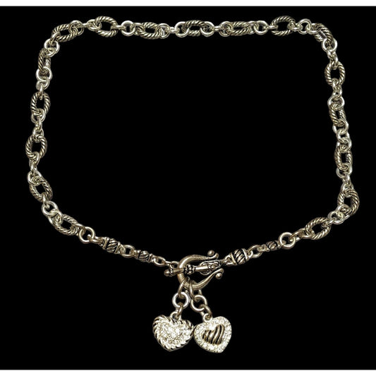 Silver Dual Heart Rhinestone Charm Necklace