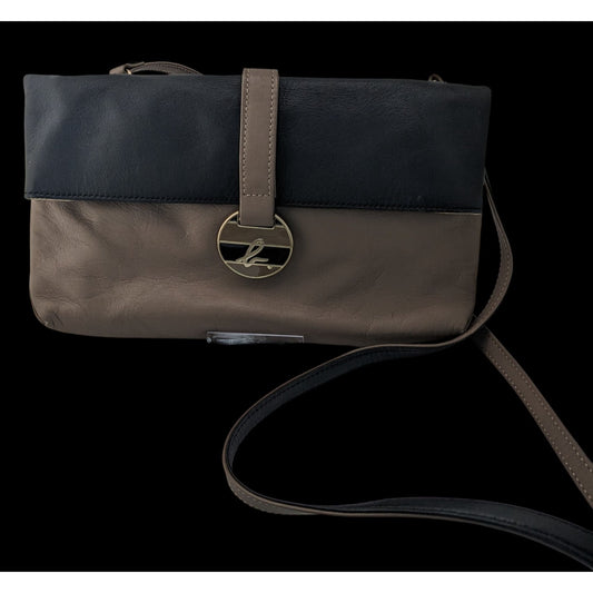 Agnes B. Voyage Vintage Crossbody Bag In Black & Brown Leather With Gold Logo Accent