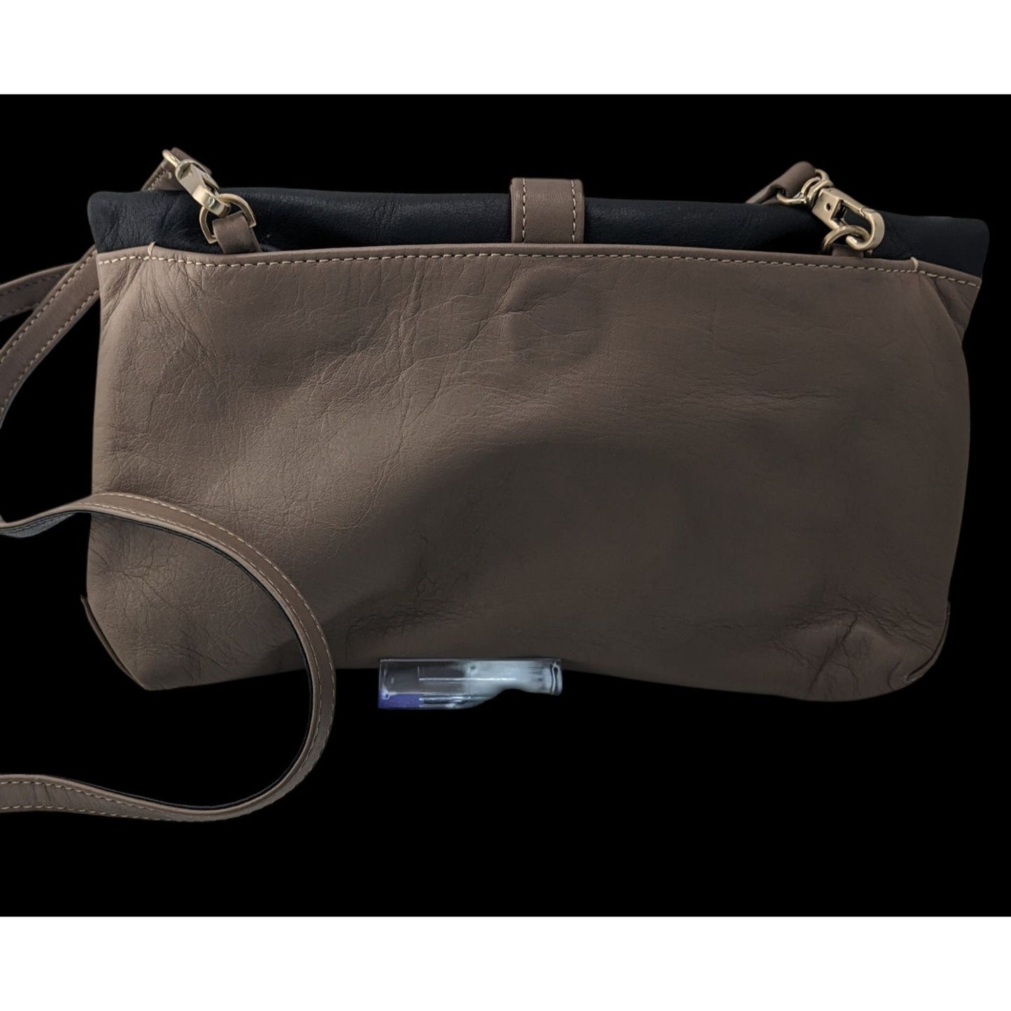 Agnes B. Voyage Vintage Crossbody Bag In Black & Brown Leather With Gold Logo Accent