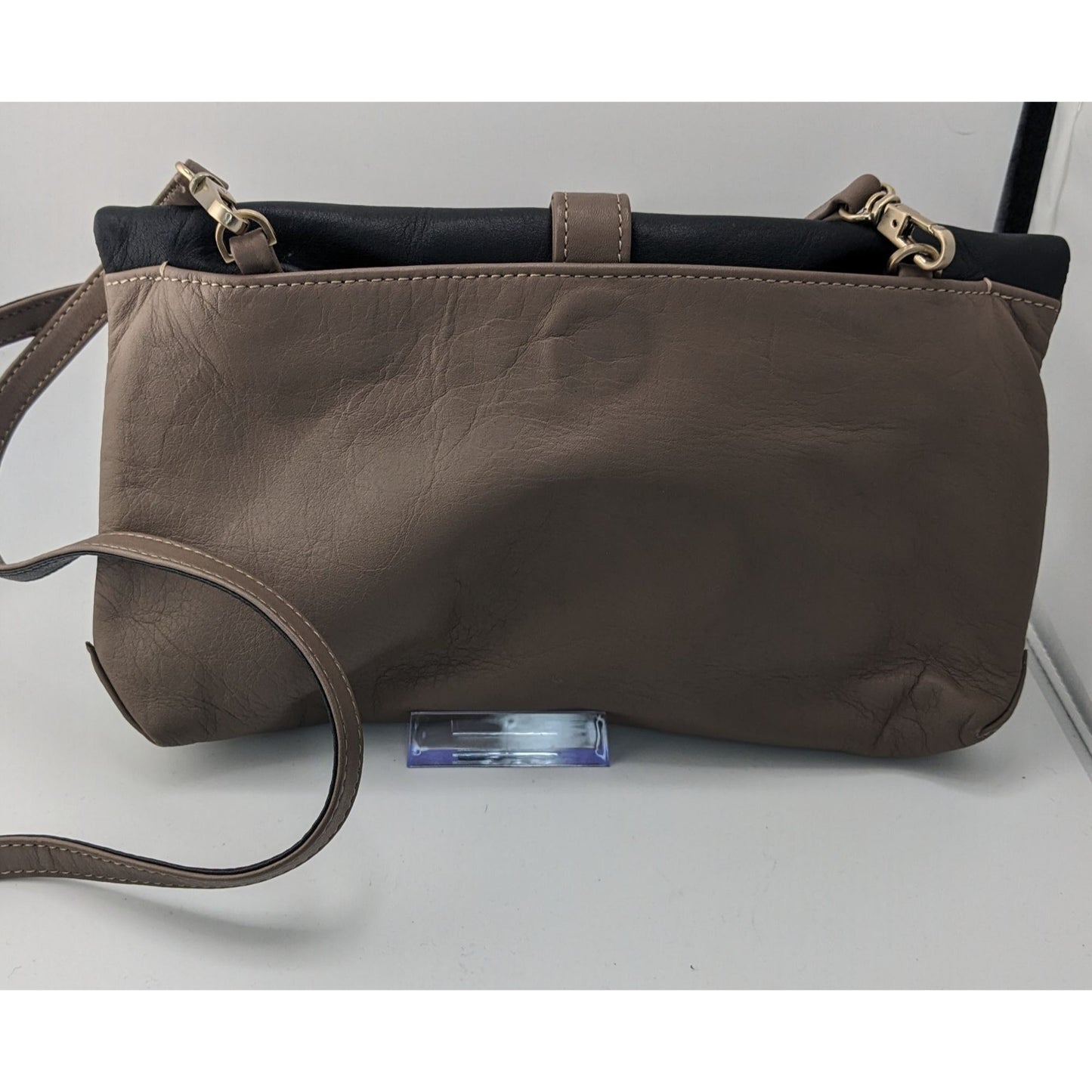 Agnes B. Voyage Vintage Crossbody Bag In Black & Brown Leather With Gold Logo Accent