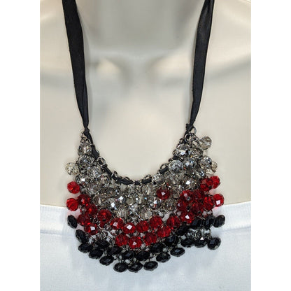 Handmade Sparkly Glass Bib Necklace Black Red Silver Glam Goth