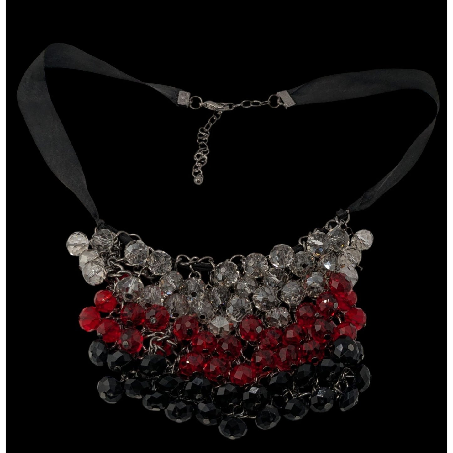 Handmade Sparkly Glass Bib Necklace Black Red Silver Glam Goth