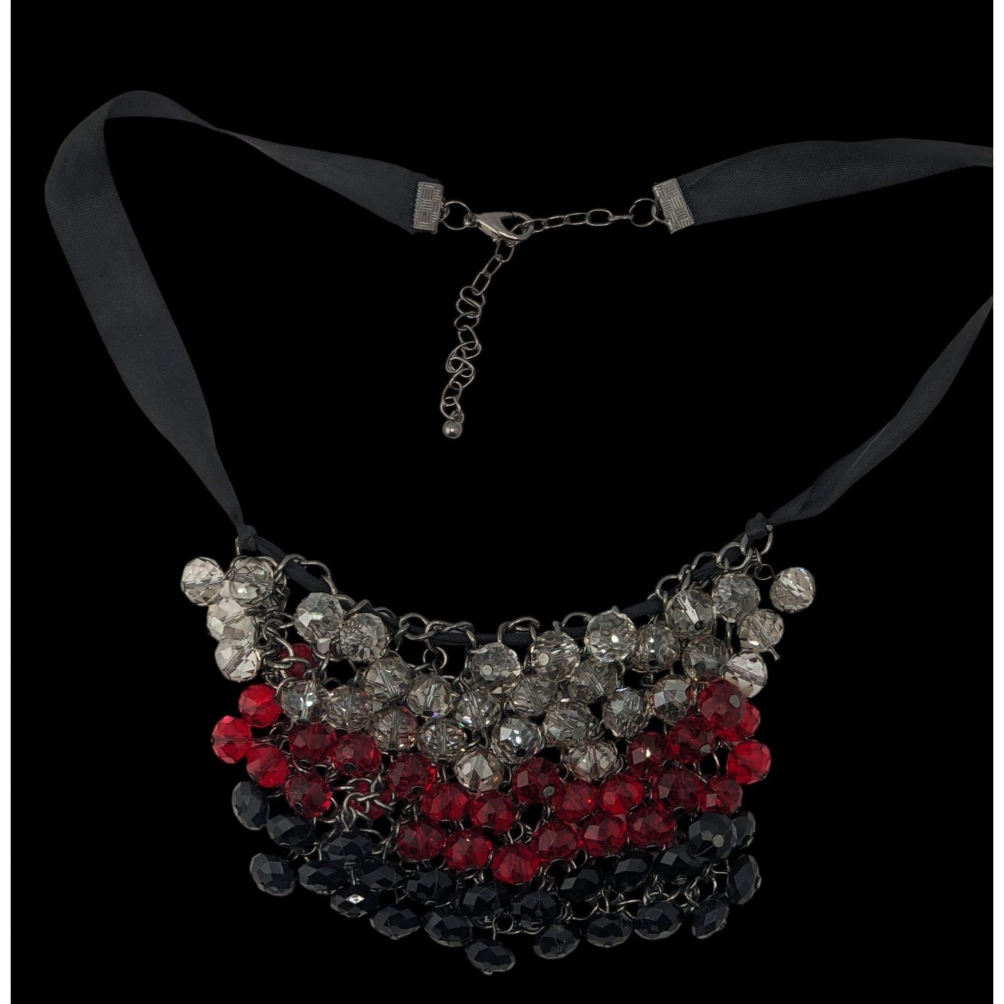 Handmade Sparkly Glass Bib Necklace Black Red Silver Glam Goth
