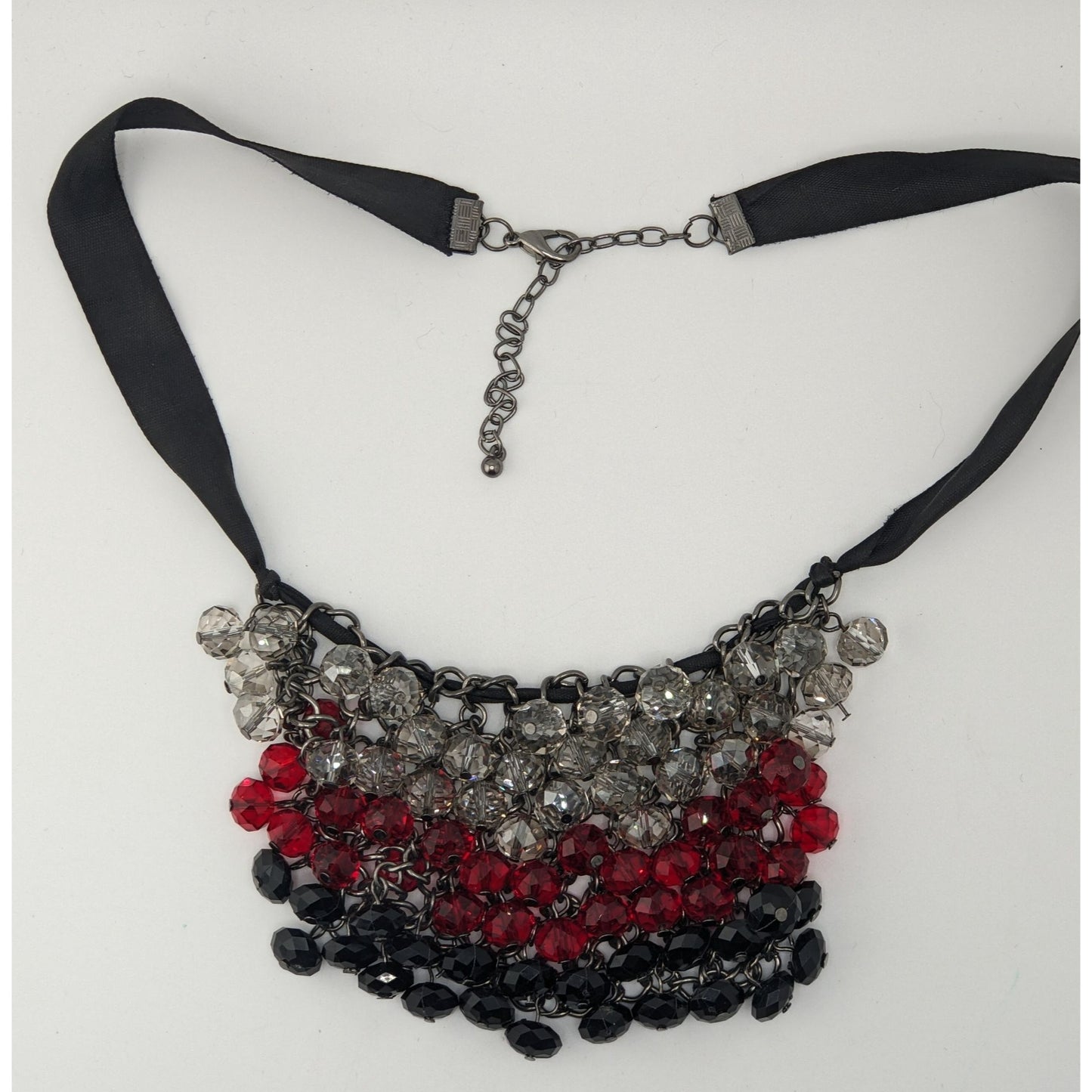 Handmade Sparkly Glass Bib Necklace Black Red Silver Glam Goth