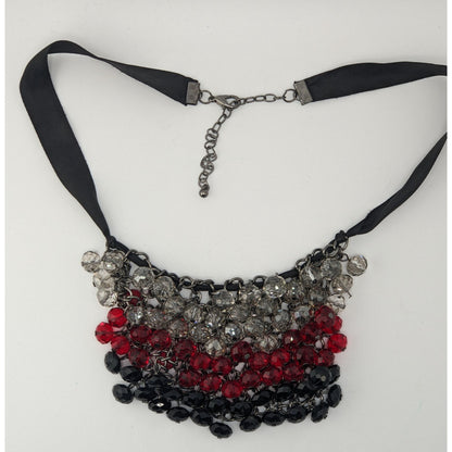 Handmade Sparkly Glass Bib Necklace Black Red Silver Glam Goth