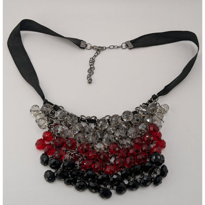 Handmade Sparkly Glass Bib Necklace Black Red Silver Glam Goth