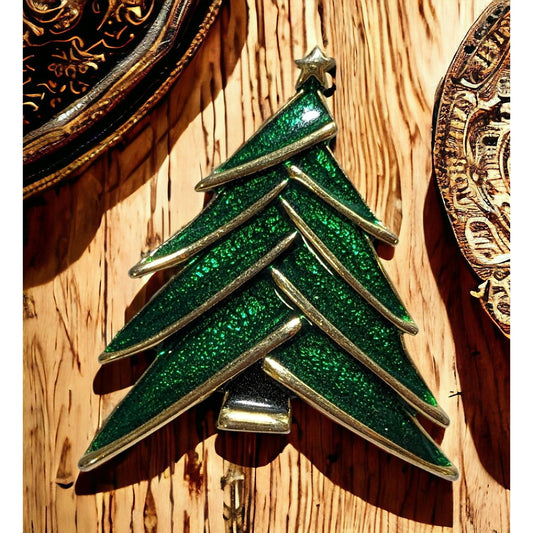 Modernist Green And Gold Christmas Tree Brooch