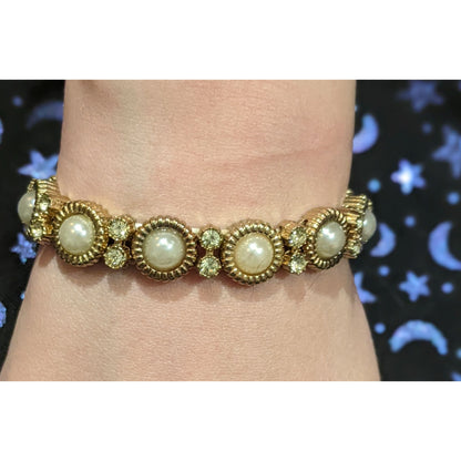 Gold Pearl Glam Rhinestone Stretch Bracelet