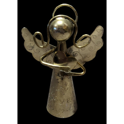 Vintage Brass Heart Holding Angel Bell Figure