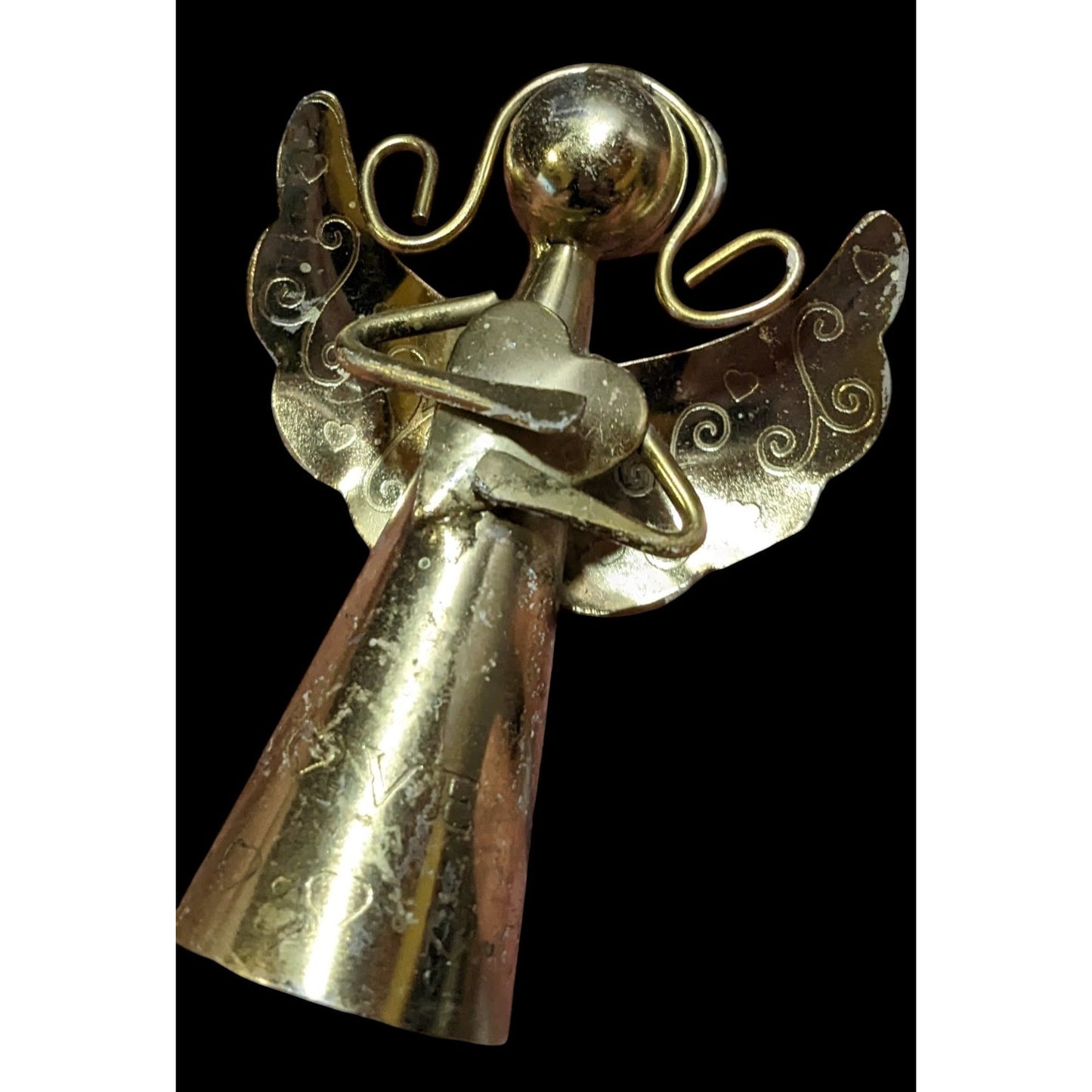 Vintage Brass Heart Holding Angel Bell Figure