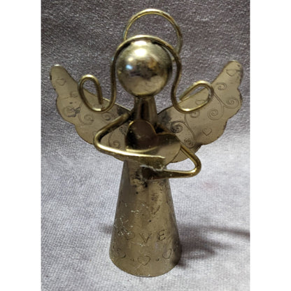 Vintage Brass Heart Holding Angel Bell Figure